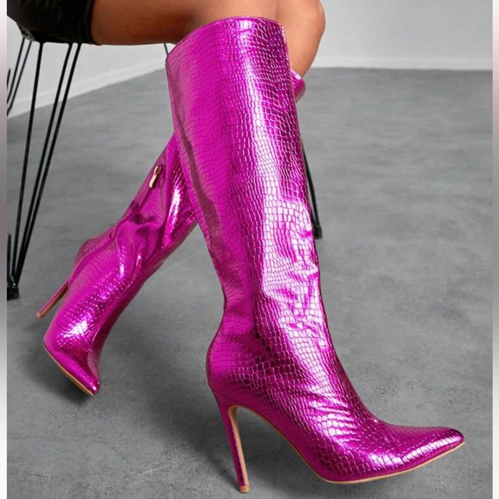 New Pink Fuchsia metallic crocodile print knee high stiletto heel boots zippered